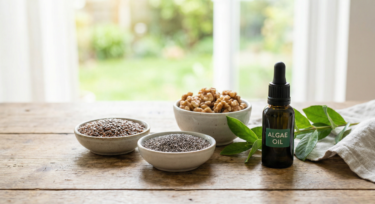 Vegetarian omega-3 sources: flax, chia, algae