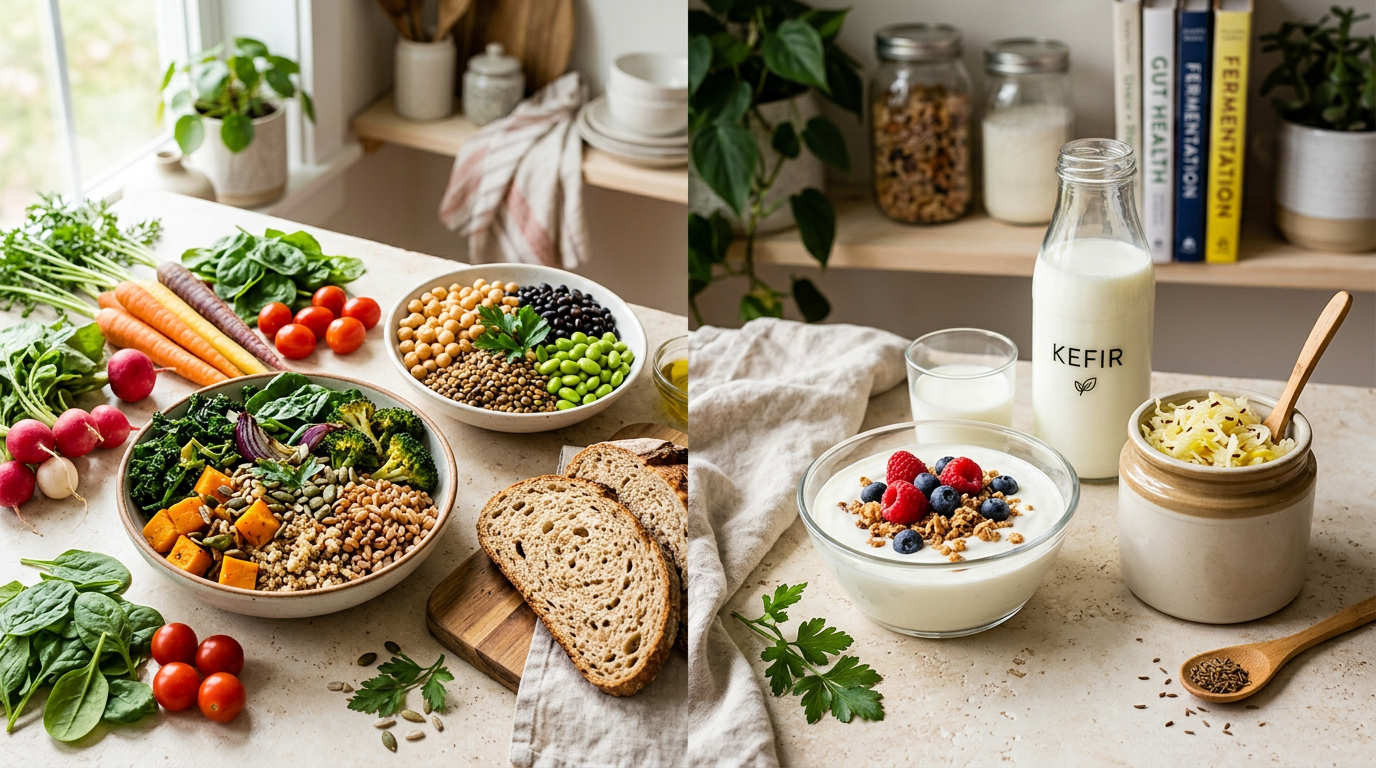 Fibre-rich foods and fermented foods that support gut health and postbiotic production