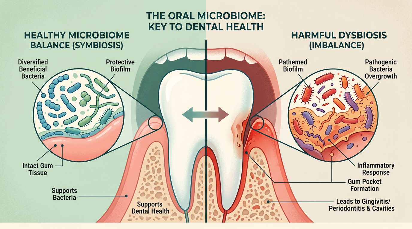 Diagram or illustration of the oral microbiome: beneficial and harmful bacteria in the mouth and how balance supports gum and tooth health