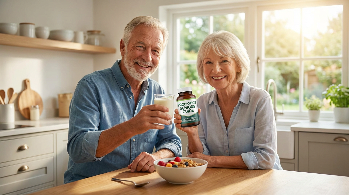 Older adult with probiotic-rich foods and supplements: yogurt, kefir, and capsules for gut health in seniors