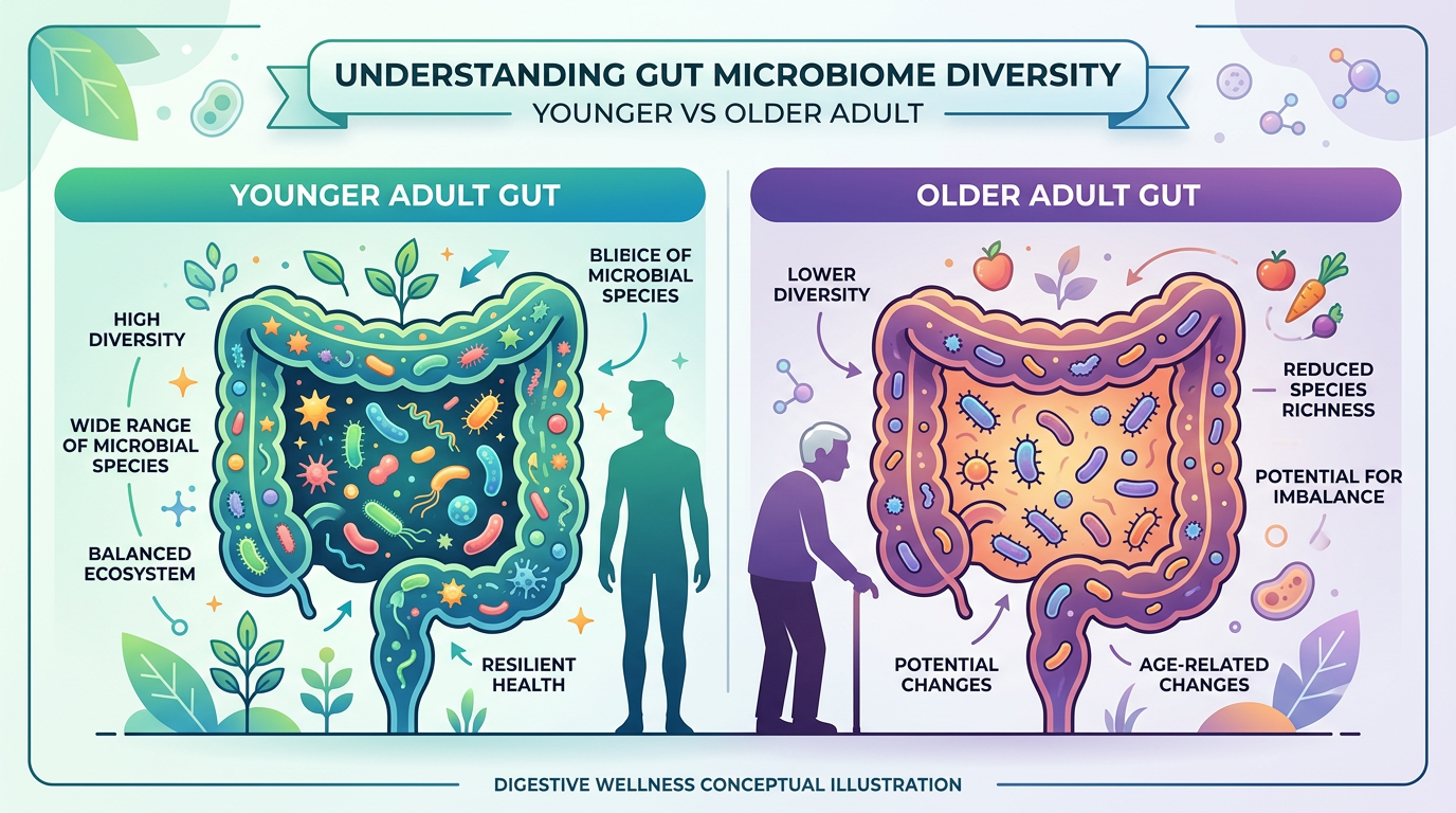 Diagram or illustration of gut microbiome diversity: younger vs older adult, showing reduced diversity and key bacterial groups with age