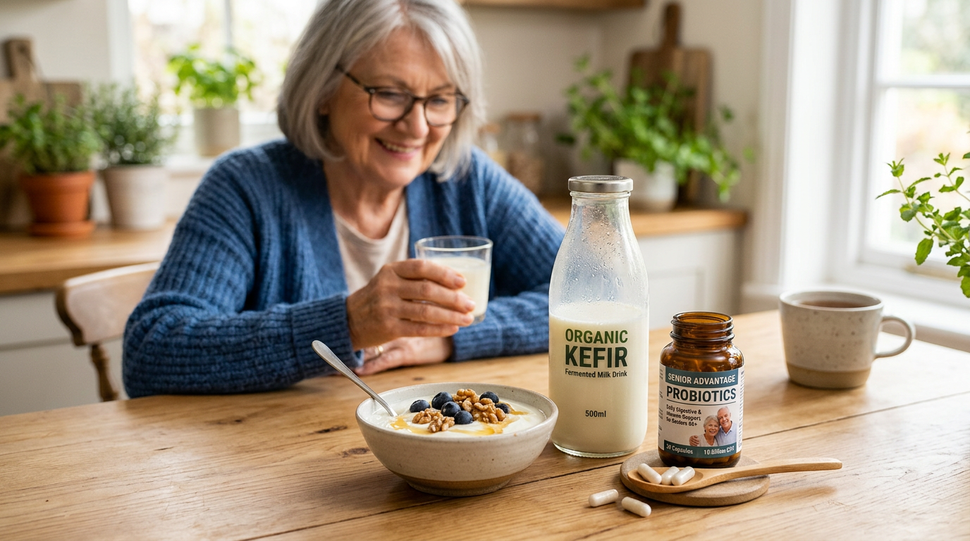 Selection of probiotic supplements and fermented foods: capsules, yogurt, kefir, and sauerkraut, with labels showing strain names and CFU counts