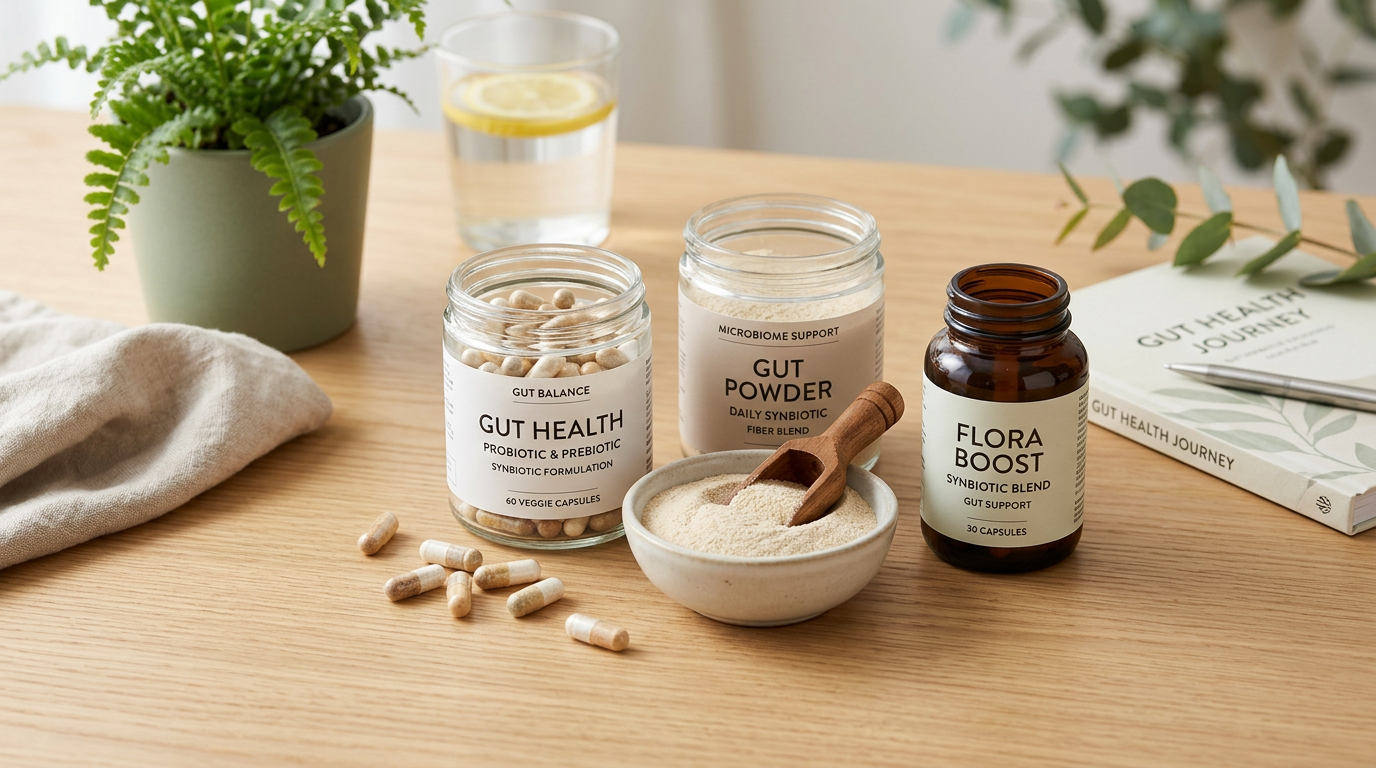 Close-up of probiotic and prebiotic supplement capsules and powder, illustrating combined synbiotic formulations