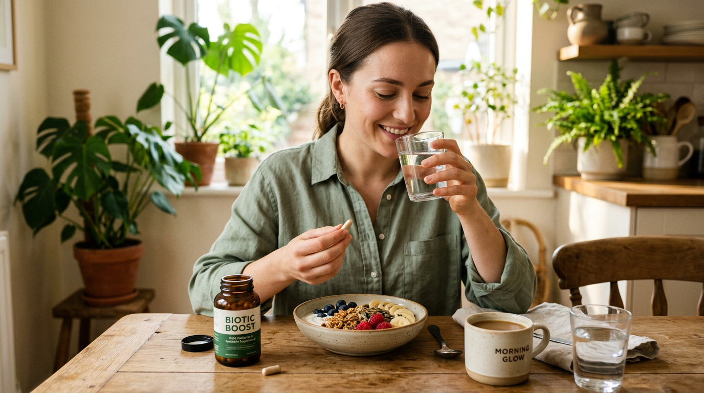 Person taking a daily probiotic or synbiotic with breakfast, representing timing and consistency