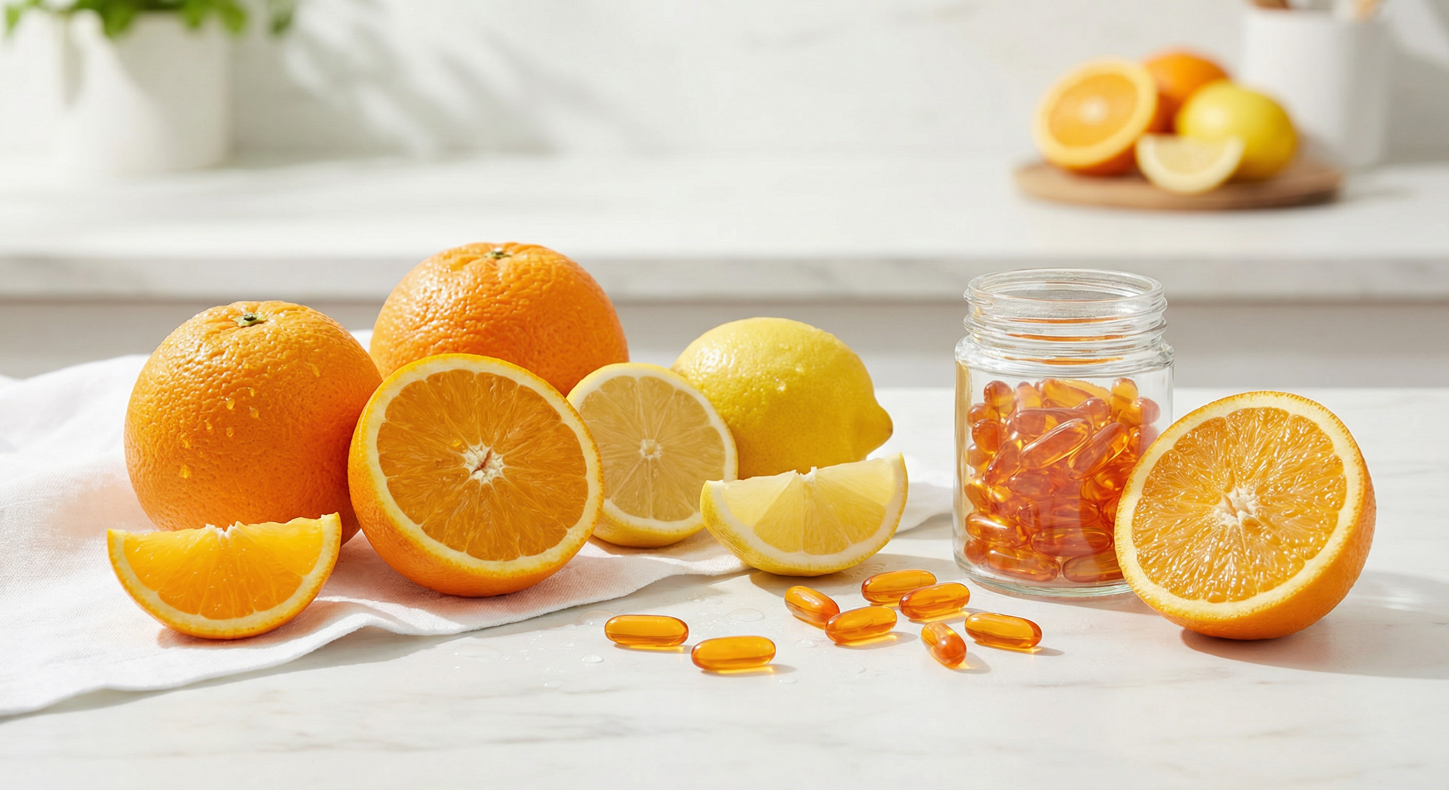 Fresh citrus fruits and vitamin C supplements