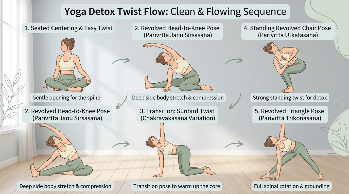 Key seated and standing twisting poses in a detox flow