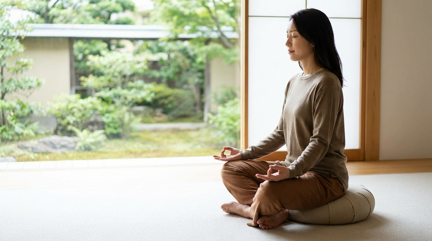Person in stable cross-legged meditation pose on cushion with upright spine and relaxed hands on knees