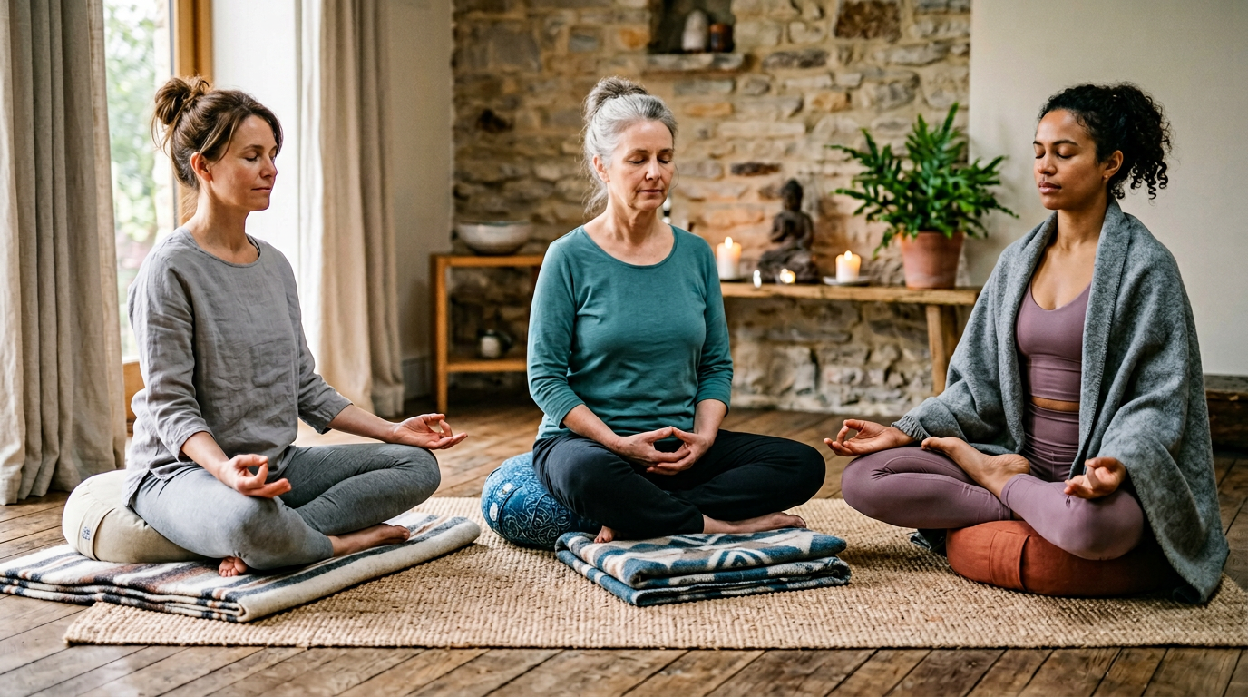Comparison of classic meditation seats: easy pose, Burmese, and half lotus with cushion and blanket props