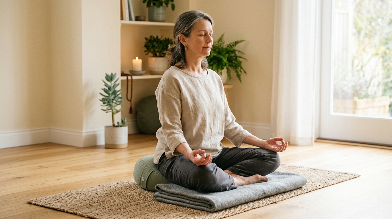Meditator using cushion and blanket for hip height and knee support with relaxed shoulders and aligned spine