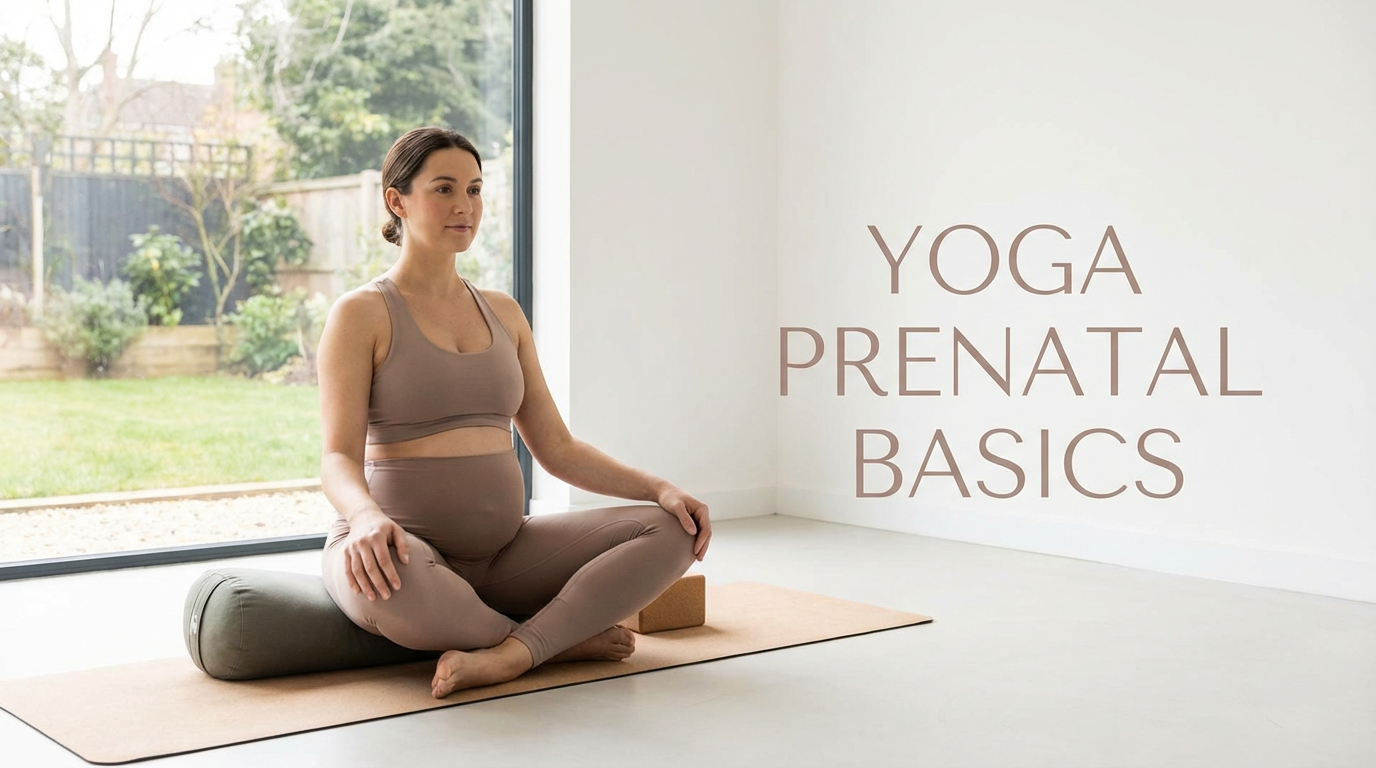 Gentle prenatal yoga: pregnant person in a supported, safe pose with calm, wellness theme