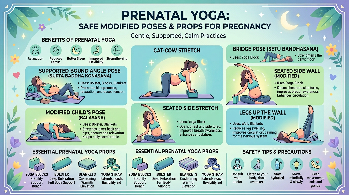Prenatal yoga safety: modified poses and props for comfort and stability during pregnancy