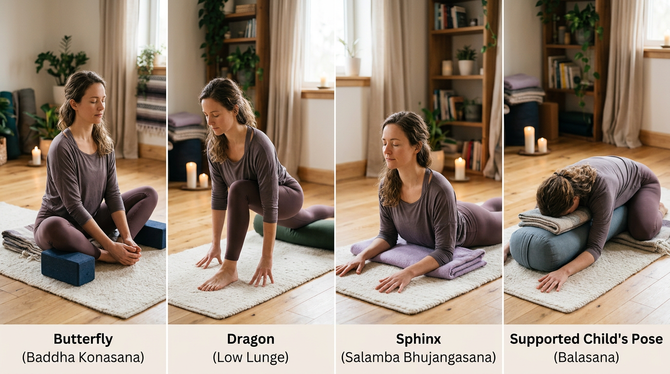 Key yin yoga poses: Butterfly, Dragon, Sphinx, and Child's Pose with props